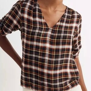 Madewell Plaid Cinch Sleeve Top